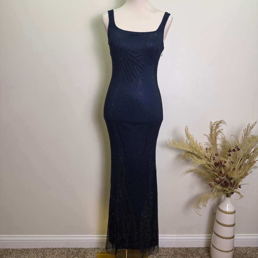 Navy Blue Metal Mesh Rhinestone Overlay Maxi Dress size XS